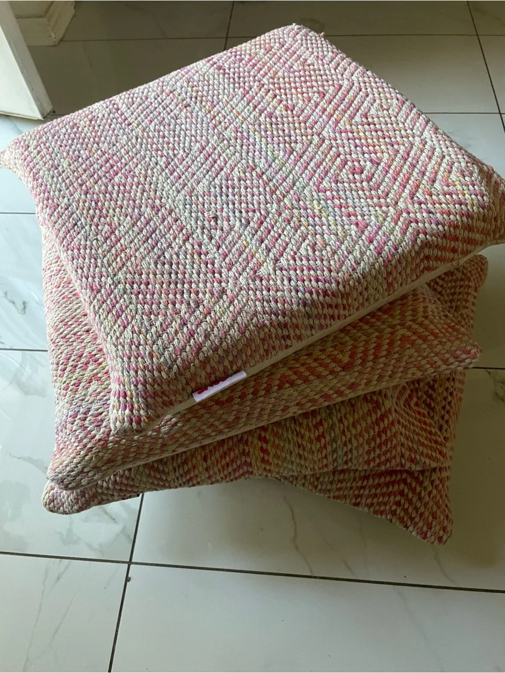 Pouf Baby Pink, Cream & Peach Braided Accent Pouf
